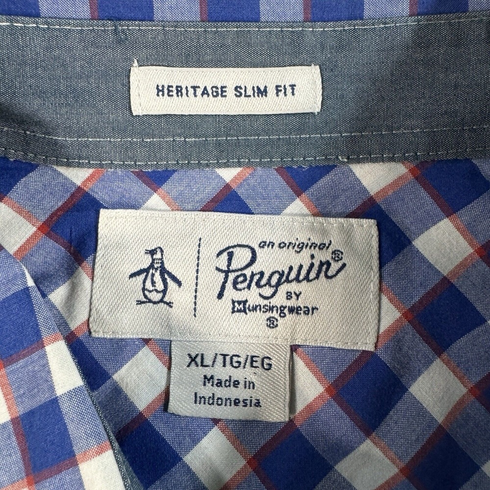 Penguin Shirt Mens XL‎ Blue Heritage Slim Fit Check Short Sleeve Button - Picture 2 of 8